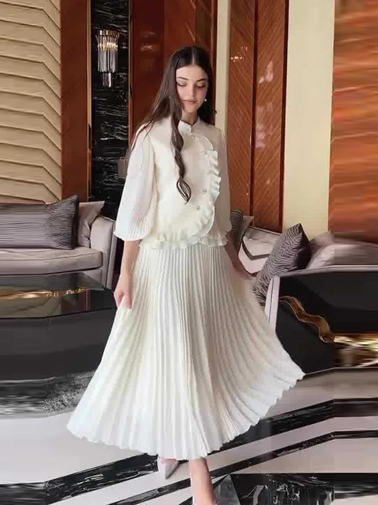 Ruffle Lantern Sleeve Top and Pleated Skirt Set for Women