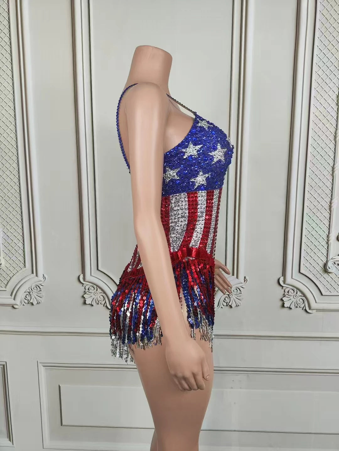 American Flag Crystal Tassel Dance Bodysuit for Women
