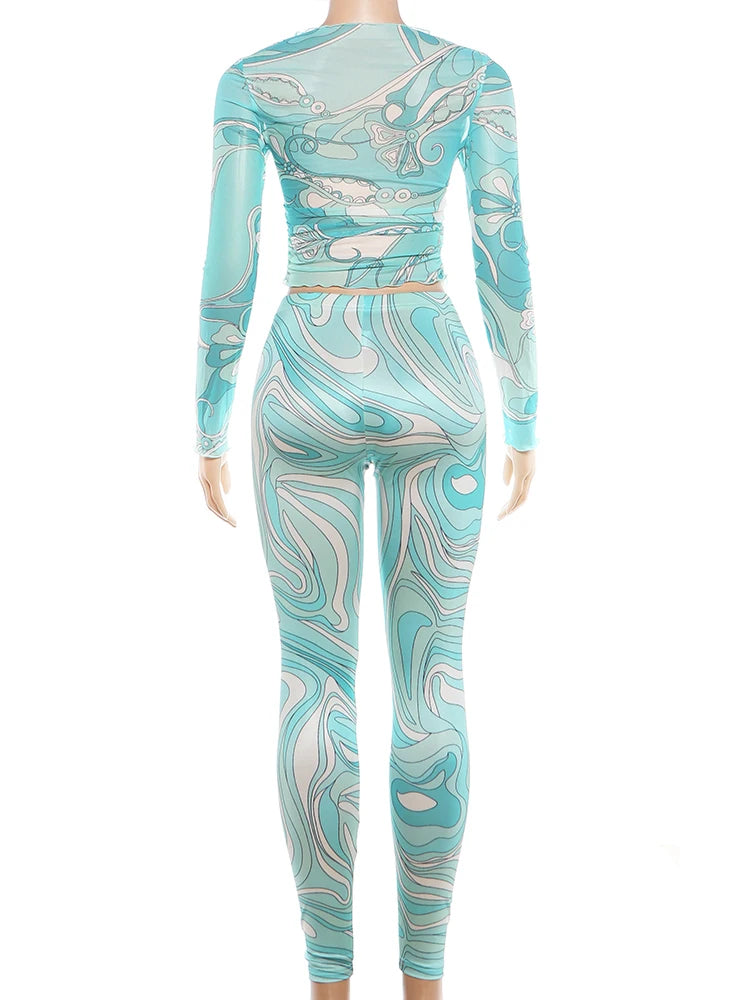 See-Through Two-Piece Long-Sleeve Crop Top and Skinny Pant Set for Women