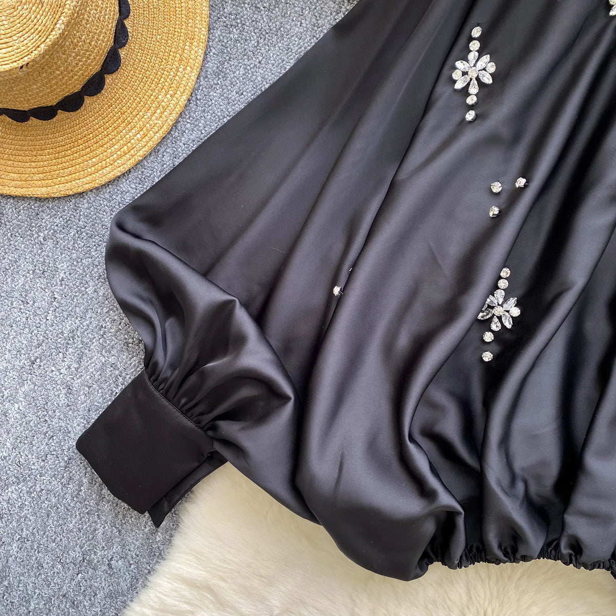 Elegant Beaded Satin Batwing Sleeve Blouse for Women