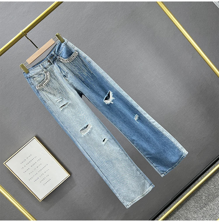 High Waist Wide Leg Jeans Women's Summer New Sle Diamond Embellied Hong Kong Sle Loose Fit Slimming Long Pants