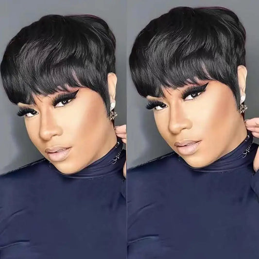 Human Hair Short Pixie Cut Wig 4# Staright Layered Pixie Cut Wig P4/27 Ombre Brown Full Machine Made Burgundy Red Color 613#