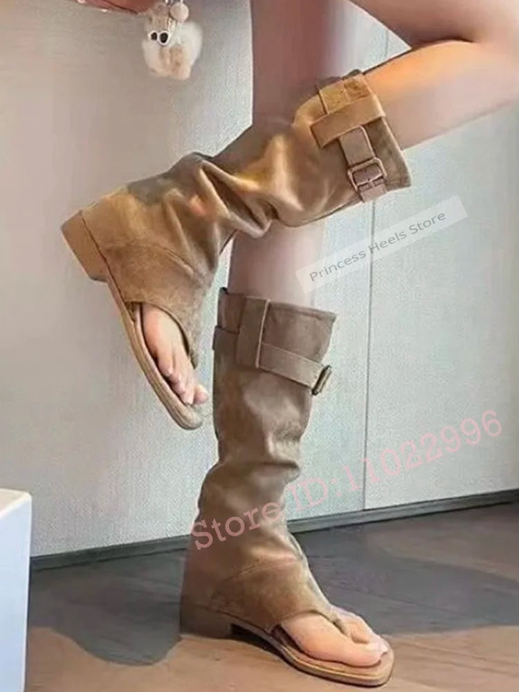 Flat Slip On Suede Straps Open Toe Mid Calf Boots for Women