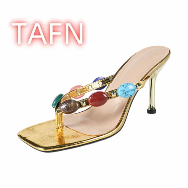 Gold Patent Beaded Square Toe Thong Mules for Women