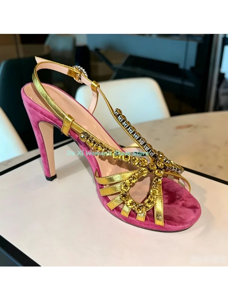 Rhinestone Bow Open Toe Velvet Stilettos for Women
