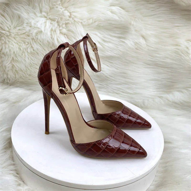 Crocodile Embossed Pointed Toe Buckle Stiletto Sandals for Women