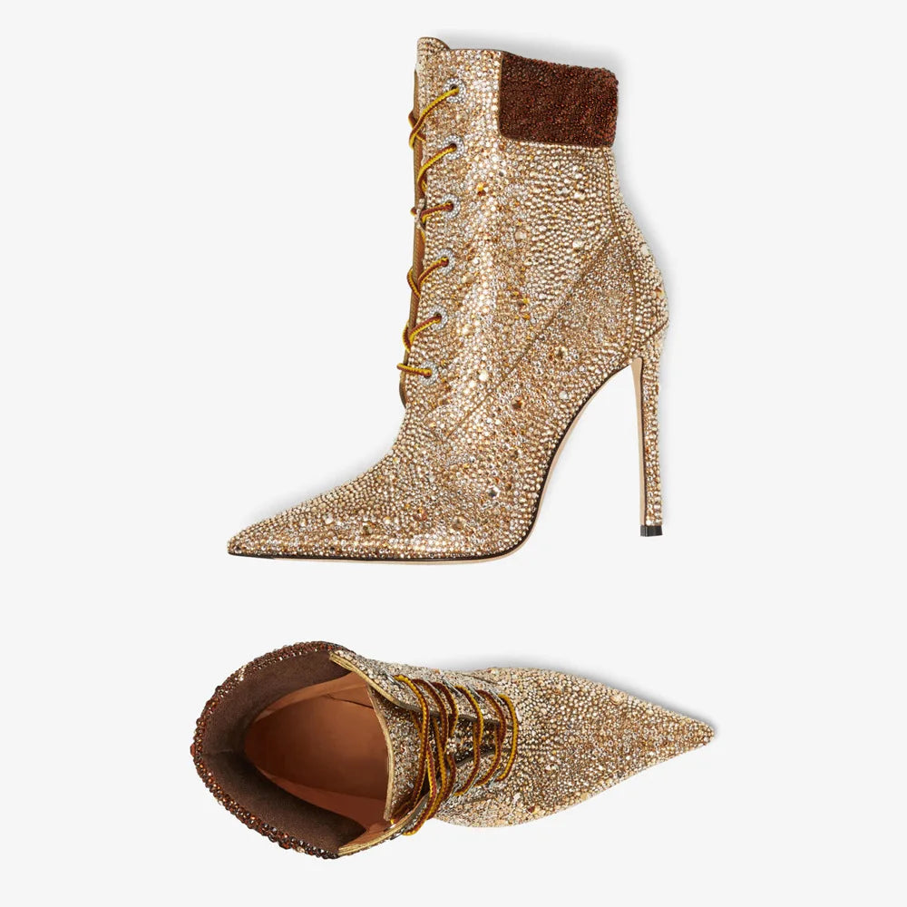 Design Women High Heel Champagne Gold Handmade Rhinestones Lace Up Ankle Boots Sexy Lady High Heel Pointy Crystal Short Boots