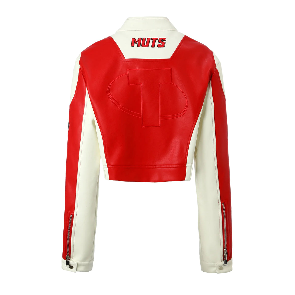 Contrasting Color Embroidered PU Leather Jacket for Women