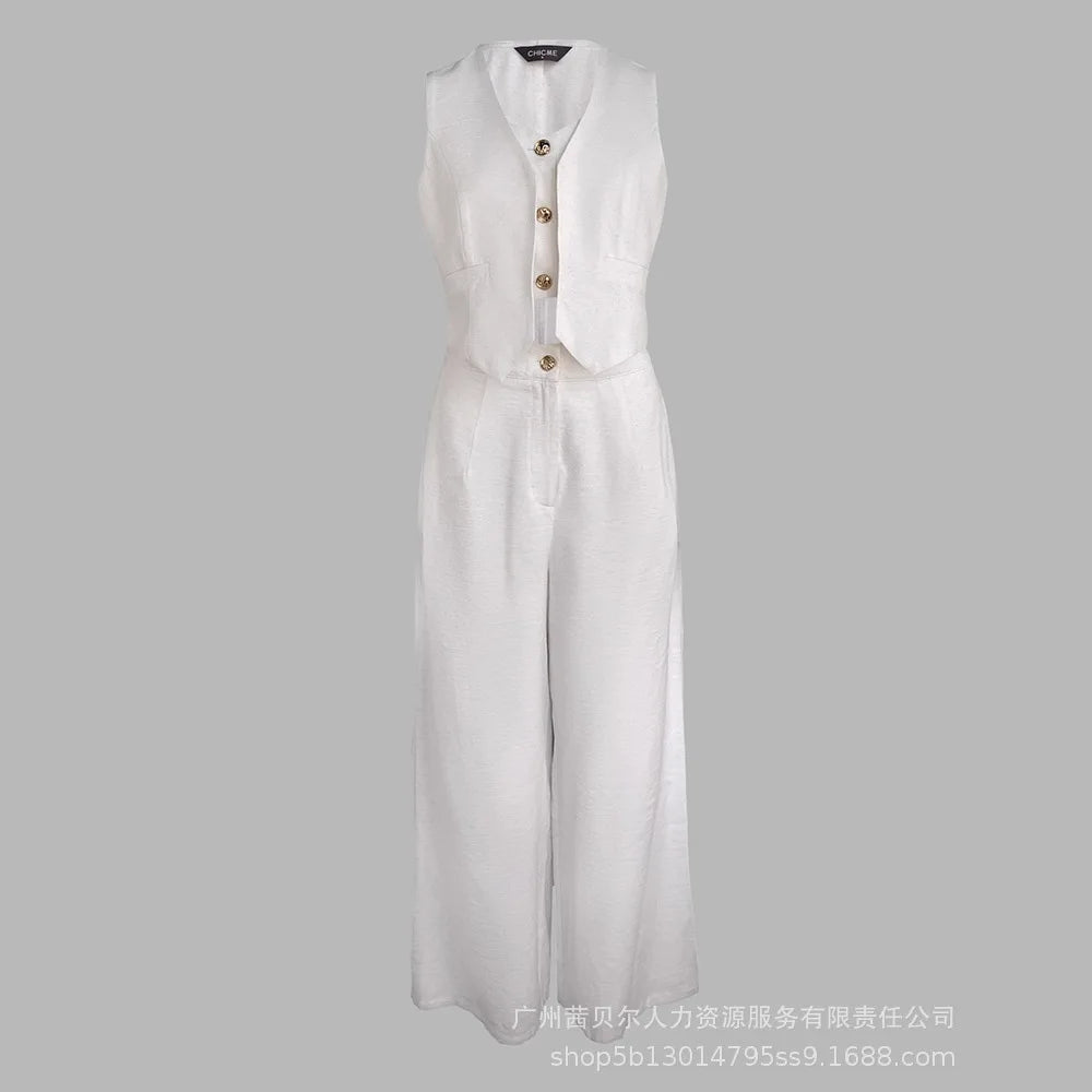 Women New 2 Pieces Outfits Metal Button Decor V Neck Sleeveless Tank Top and Casual Plain Loose Fit Pants Set