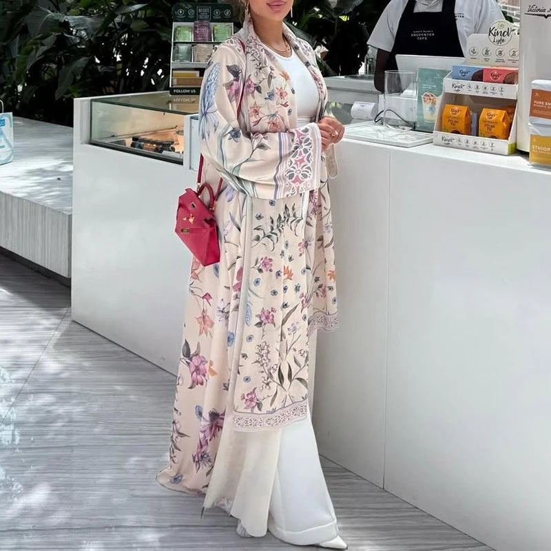 Elegant High Street Swing Vacation Jackets 2025 New Women's V Neck Autumn Coat Floral Print Long Sleeved Loose Muslim Cardigan