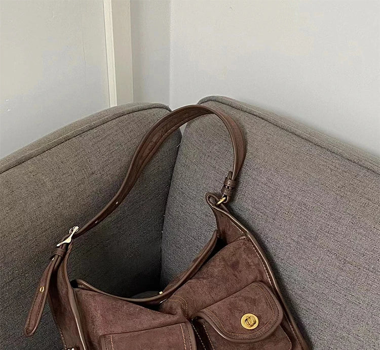 Casual Commuter Large Capacity Suede Pillow Bag Single Shoulder Crossbody Bag Vintage Style Polyester Lining Zipper Closure