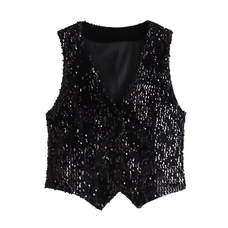 V Neck Single Breasted Sequin Sleeveless Waistcoat for Women