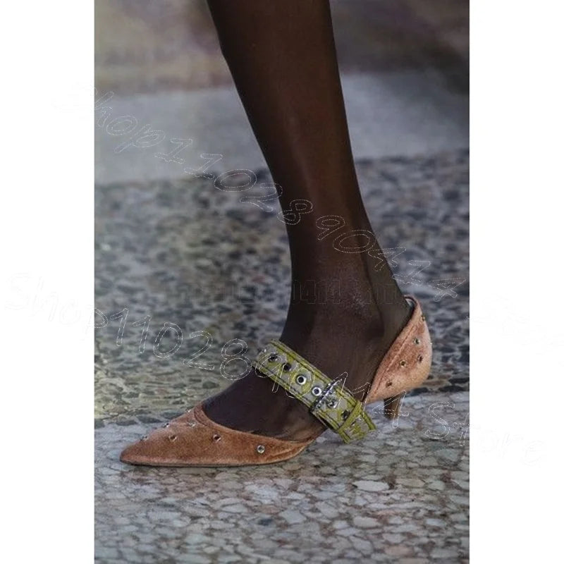Orange Corduroy Crystal Rivet Pointed Toe Pumps for Women