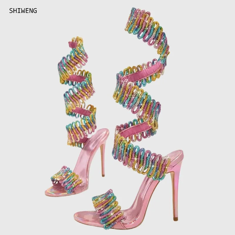 Rhinestone Snake Wrap Around Ankle Open Toe High Heel Sandals for Women