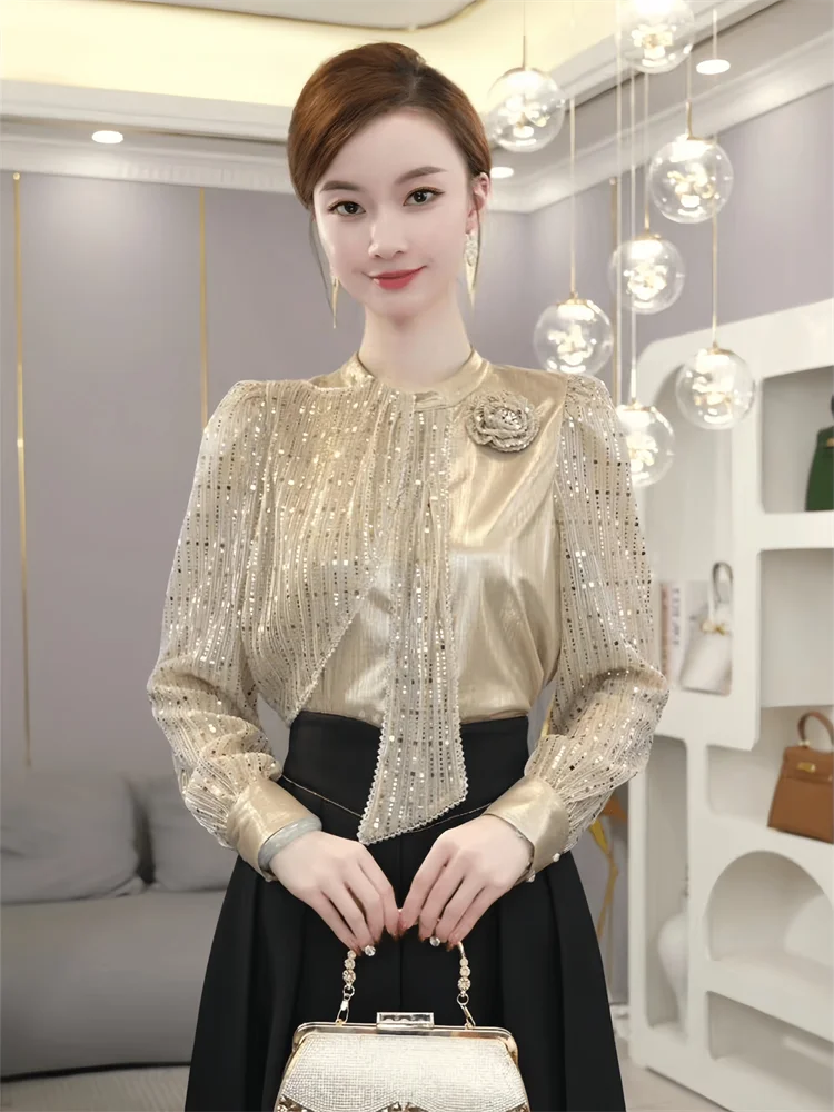 Chiffon Loose Small Stand Up Collar Bow Blouse for Women