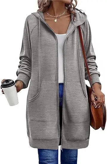 Solid Color Long Sleeve Zippered Hoodies For Women