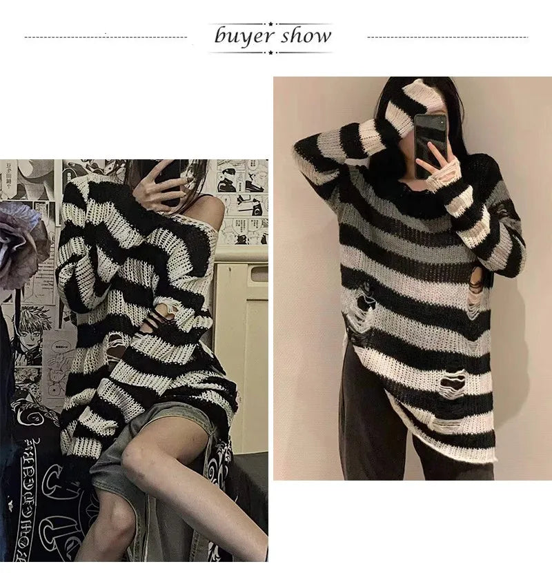 Karrram Punk Gothic Sweater Emo Tops E-girls Mall Goth Pullovers Y2k Harajuku Grunge Clothes Alt Dark Aesthetic Striped Jumpers