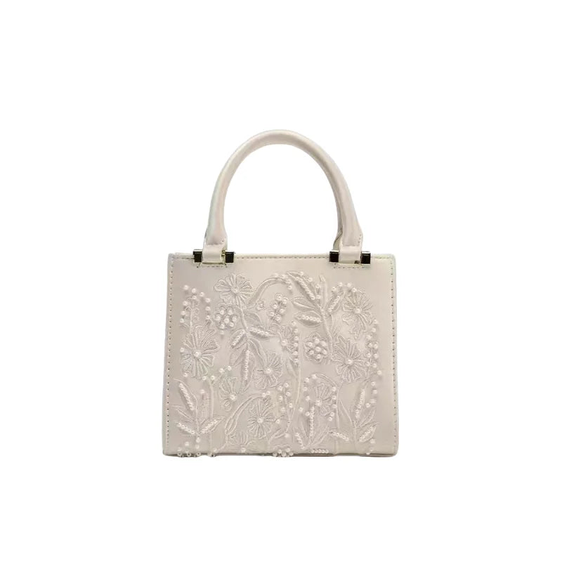 High Texture Fashion Floral Embroidery Tote Bag for Women Elegant Artificial Pearl Decoration Chain Shoulder Messenger Bag Purse