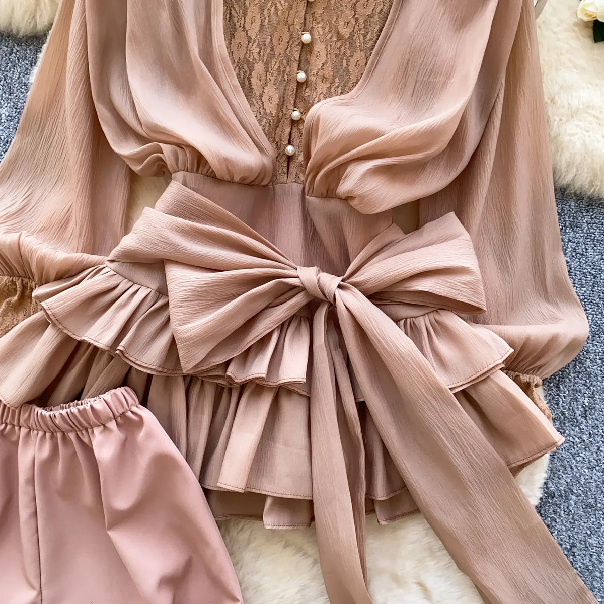 Lace Chiffon Mini Dress With Ruffles and Shorts for Women