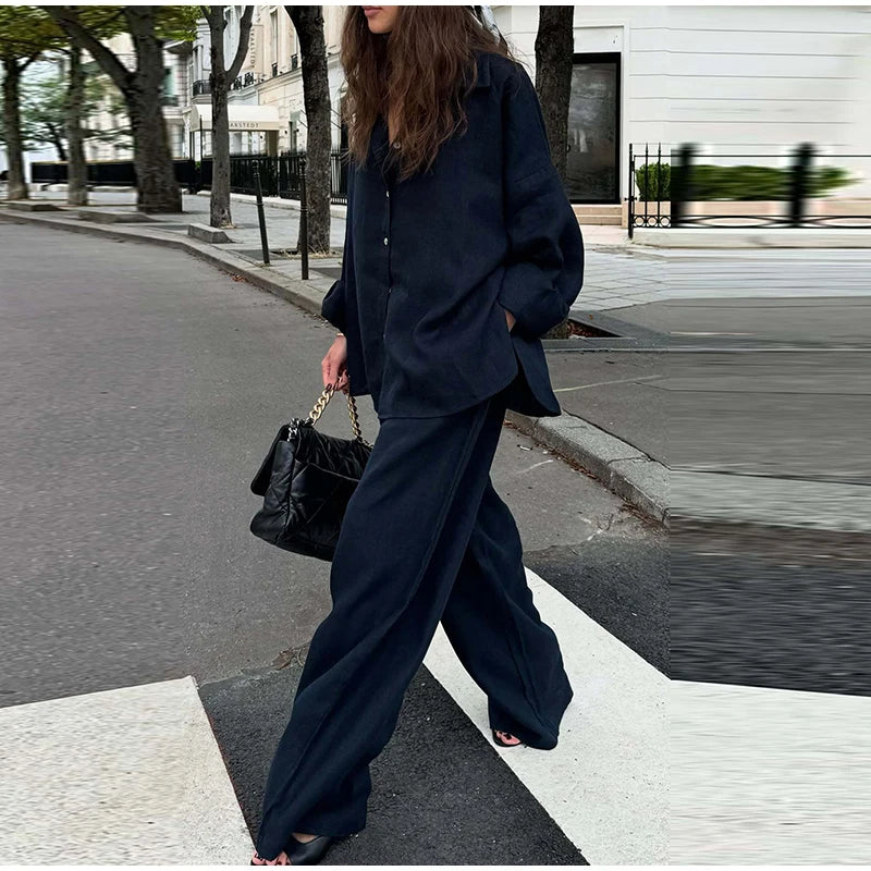 Casual Solid + Shirt and Wide Leg Pants Set + for Women