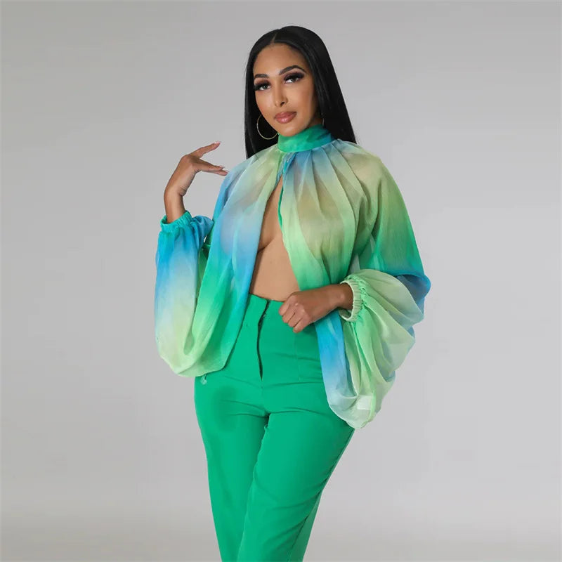 Printed Batwing Sleeve Chiffon Blouse With Sheer Front for Women