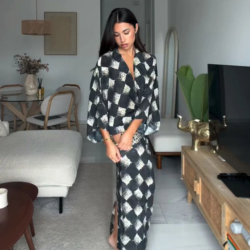Casual Patchwork Print V Neck Maxi Dress for Women