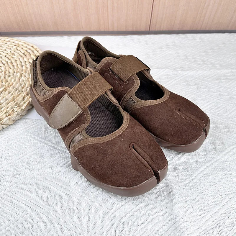Leather Split Toe Buckle Mary Jane Flat Shoes for Women