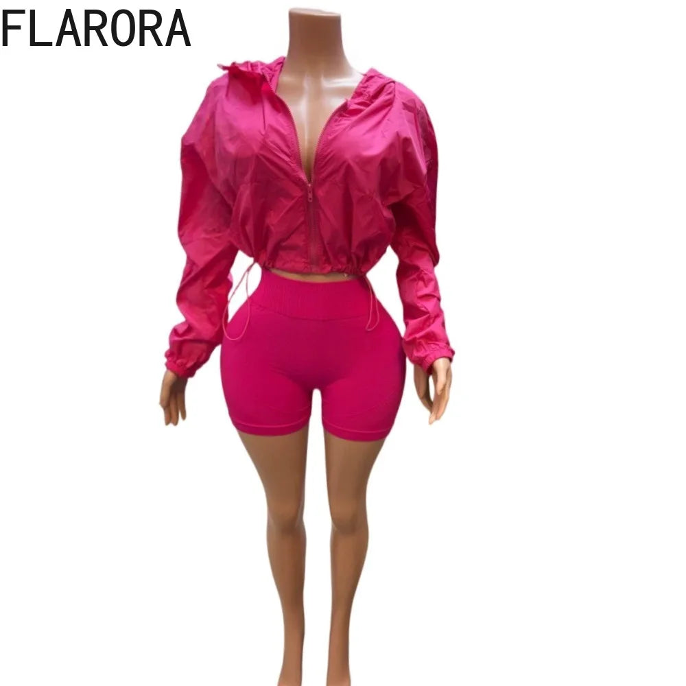 Hooded Zip Crop Jacket And Skinny Shorts Set for Women