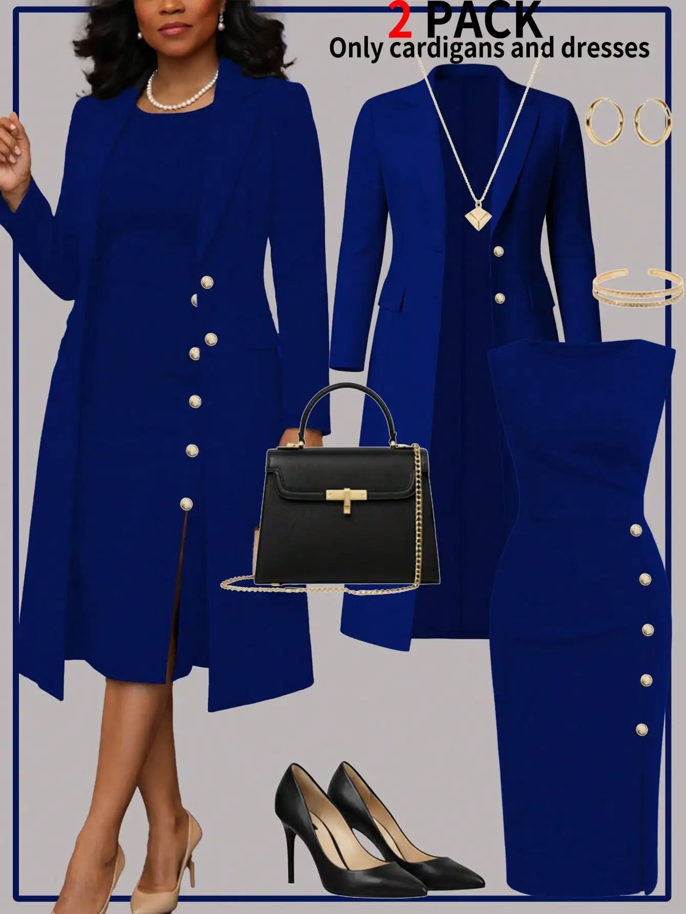 Women's New Autumn and Winter Elegant Set: Solid Color Long-Sleeved Open-Front Blouse, Long Coat + Versatile Fitting Mid-Length Sleeveless Buttoned Dress Two-Piece Set