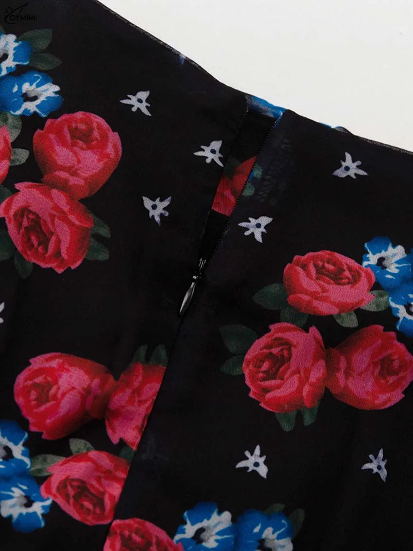 Oymimi Elegant Black Print Two Piece Set For Women Fashion Ruffled Long Sleeve Crop Shirts And Side Slit Floor-Length Skirts Set