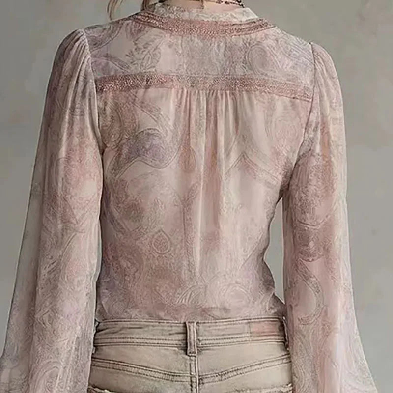 Retro Lace Trim Sheer V-Neck Lantern Sleeve Blouse for Women