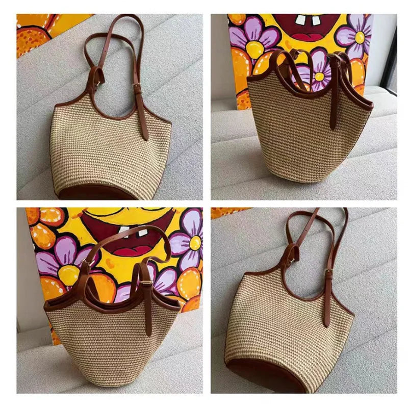 Brown Woven Fashion Women Bucket Bag New Large Capacity Beach Bag Commuting Underarm Bag Simple Elegant Texture Shoulder Bag