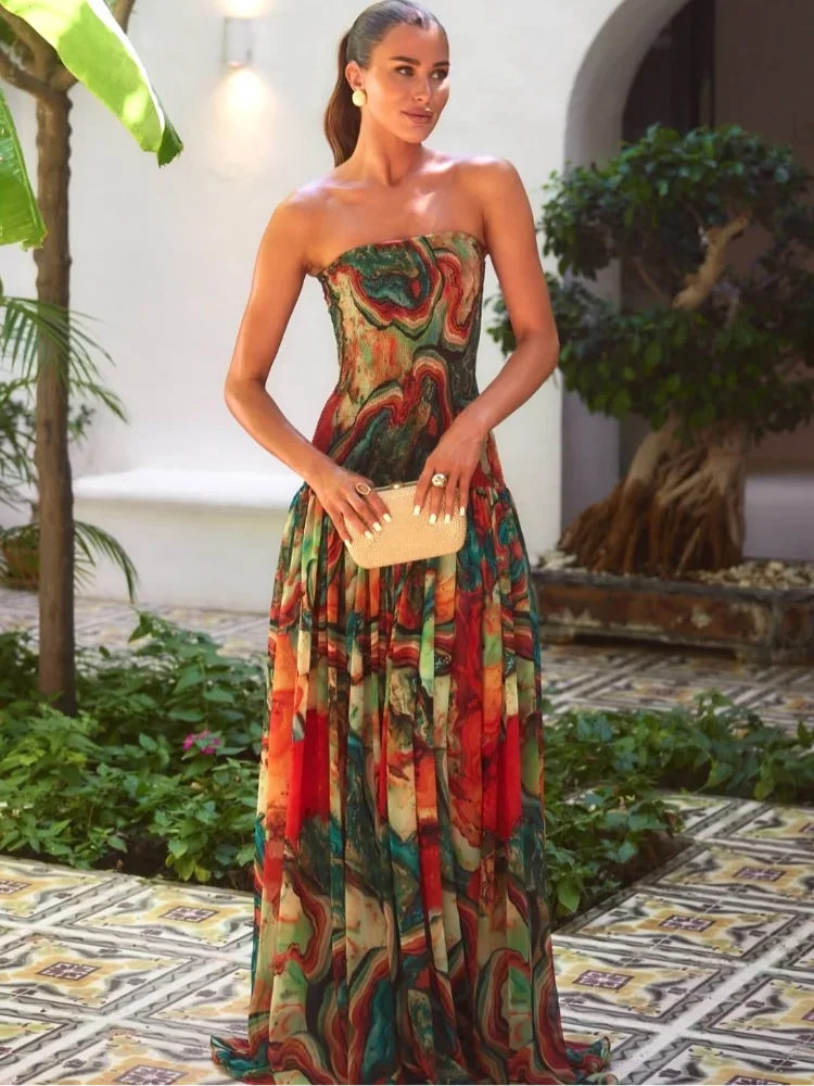 Strapless Pleated Waist Printed Cocktail Dress For Women