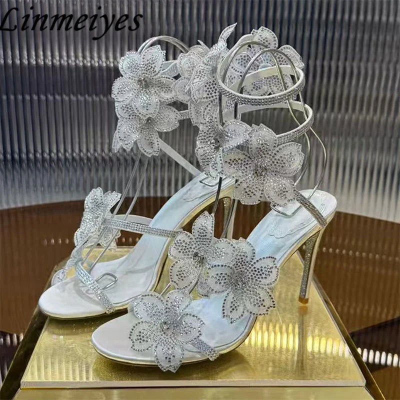 Rhinestone Flower Embellished Wedding High Heel Sandals for Women