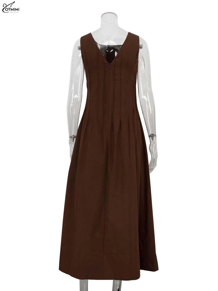 Oymimi Casual White Cotton Womens Dresses Fashion O-Neck Sleeveless Solid Dresses Elegant Open Back Ankle-Length Dress Female