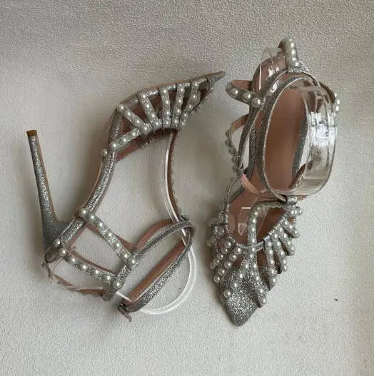 Silver Glitter Pearl Decor T Strap Sandals for Women