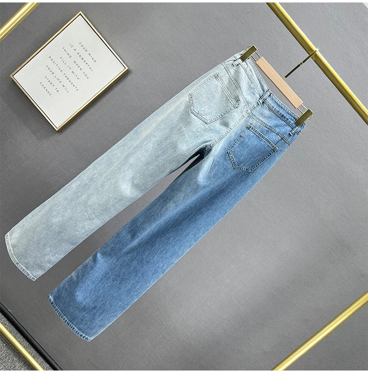 High Waist Wide Leg Jeans Women's Summer New Sle Diamond Embellied Hong Kong Sle Loose Fit Slimming Long Pants