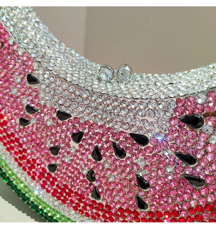Moon Shaped Diamond Evening Bag with Watermelon Rhinestones for Women