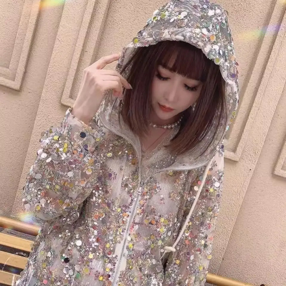 2025 Summer New Sunscreen Clothing Women's Coat Glitter Hollow Out Coat Thin Fashion Long Sleeve Hoodie