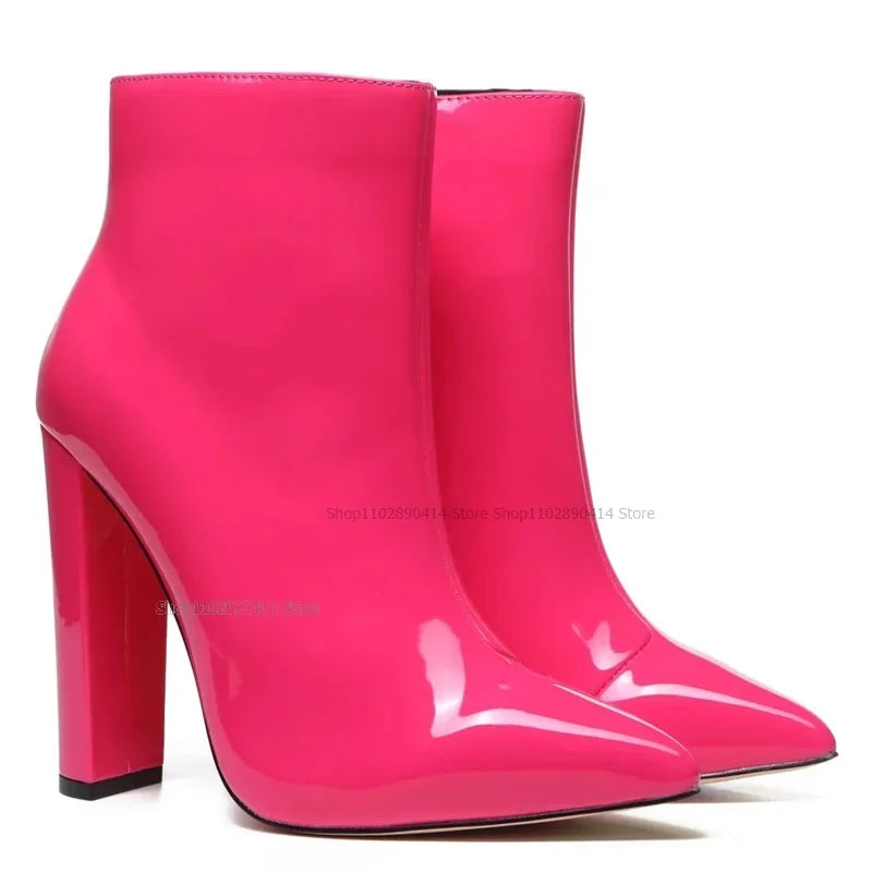 Rose Red Patent Leather Pointy Toe Mid Calf Boots For Women