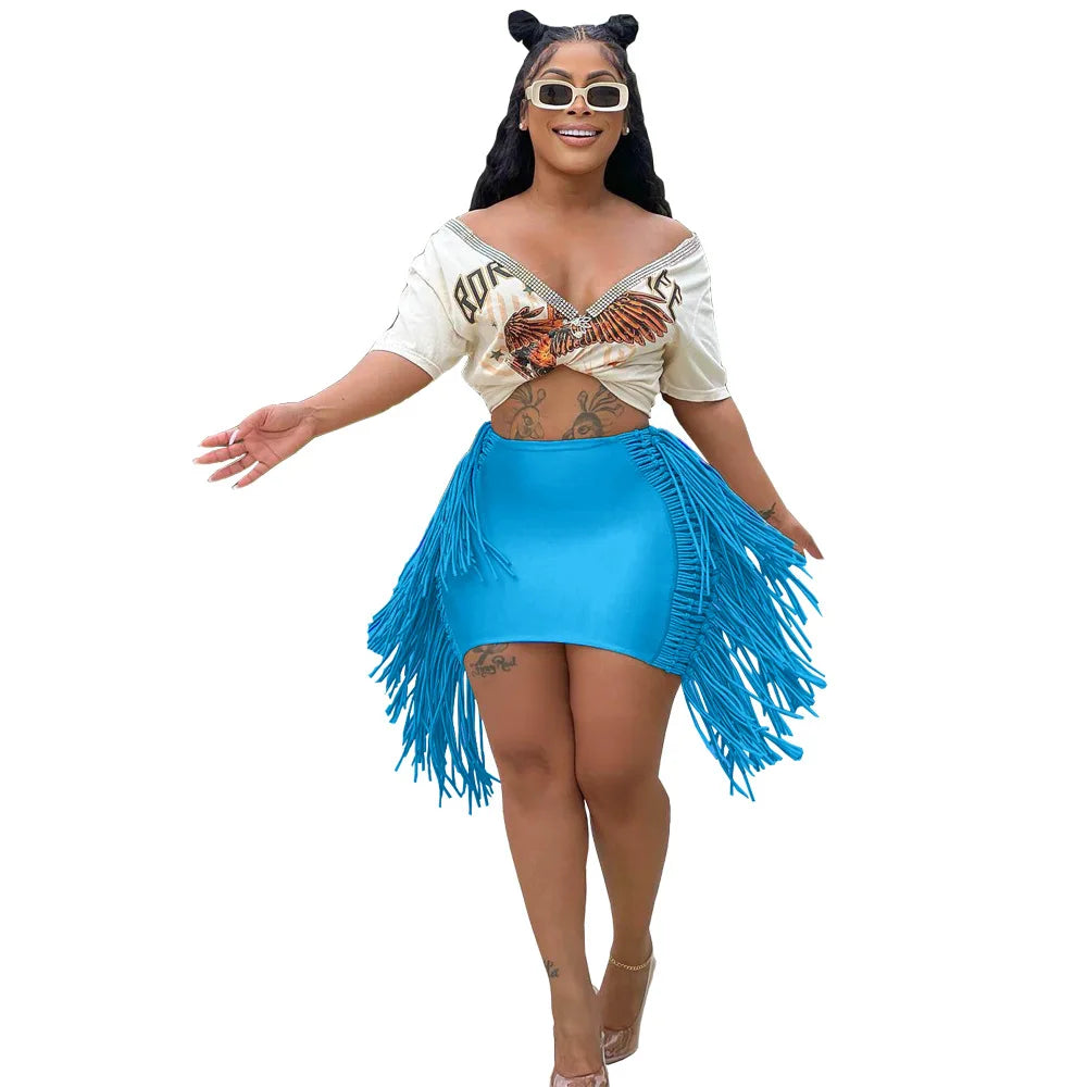 FAGADOER Sexy Tassel Bodycon Mini Skirts Party Club Outfits Women Fashion Chic Streetwear Short Birthday Holidays Skirt Solid
