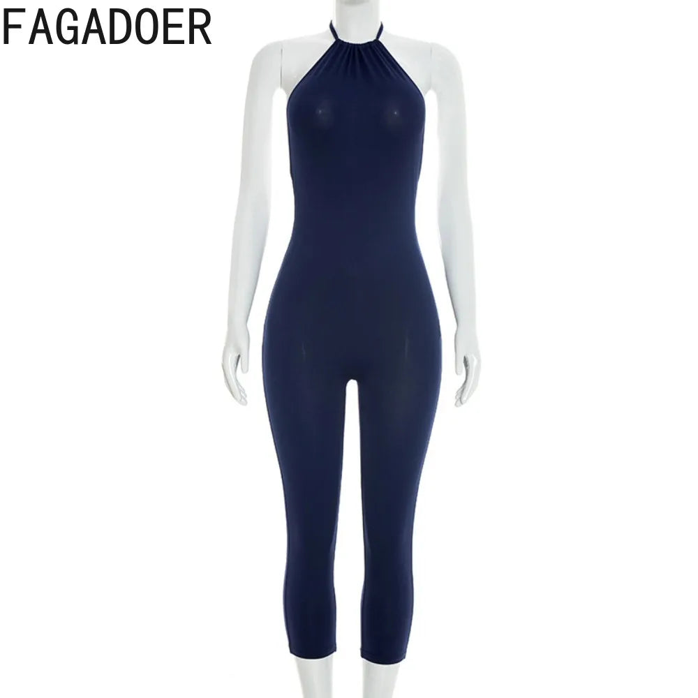 Sexy Solid Color Halter Sleeveless Backless Bodycon Jumpsuit for Women