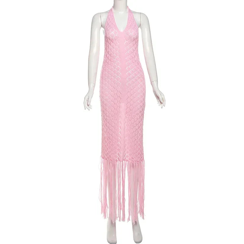 Elegant See Through Crochet Tassel Halter Dress for Women