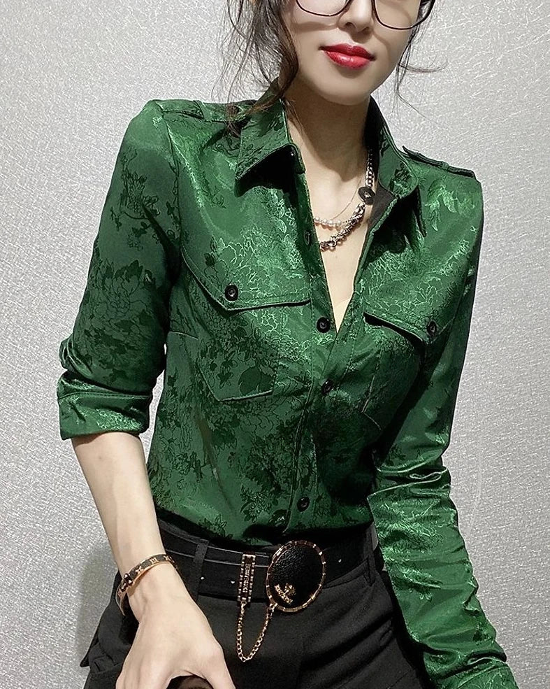 Female Tops Spring and Autumn Full Long Sleeve Women's Shirt Blouse Office Outfits Wear To Work Button Up Formal Loose Green Xl