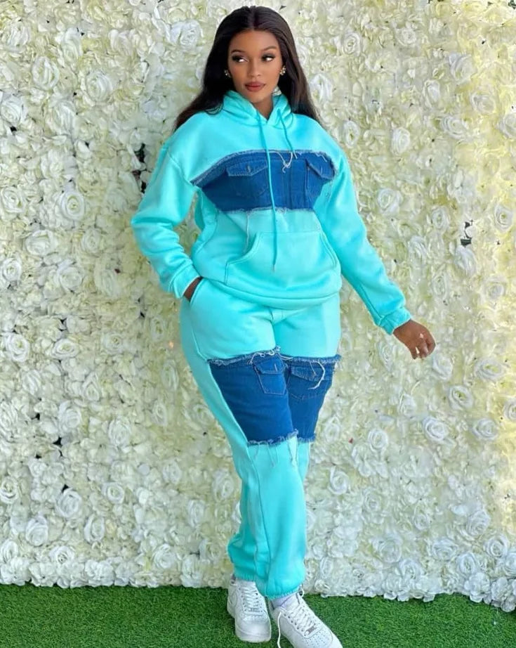 Pants Set Women Two Piece Sets Hooded Matching Sets Sweatshirts Long Pants High Waist Denim Splice Y2k Casual Jogger 2025