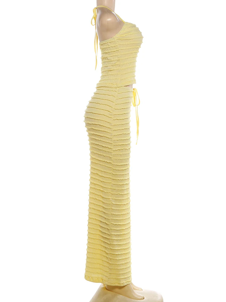 Ruffled Edge Halter Backless Two-Piece Set for Women