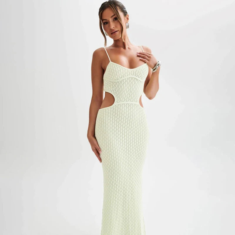 2024 Sexy See-through V Neck Cut Out Knit Beach Maxi Dress Summer Women's Holiday Elegant Outfit Swimsuit Cover Up Tunic A3094