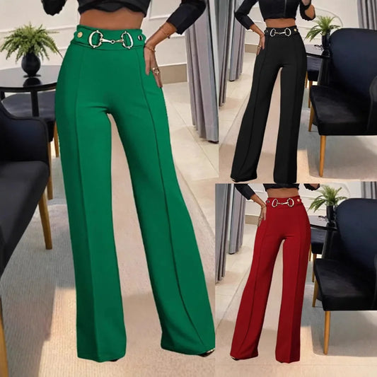 Fashionable High-Waisted Metal Buckle Decorated Solid Color Women's Straight-Leg Trousers New Style Independent Station Clothing