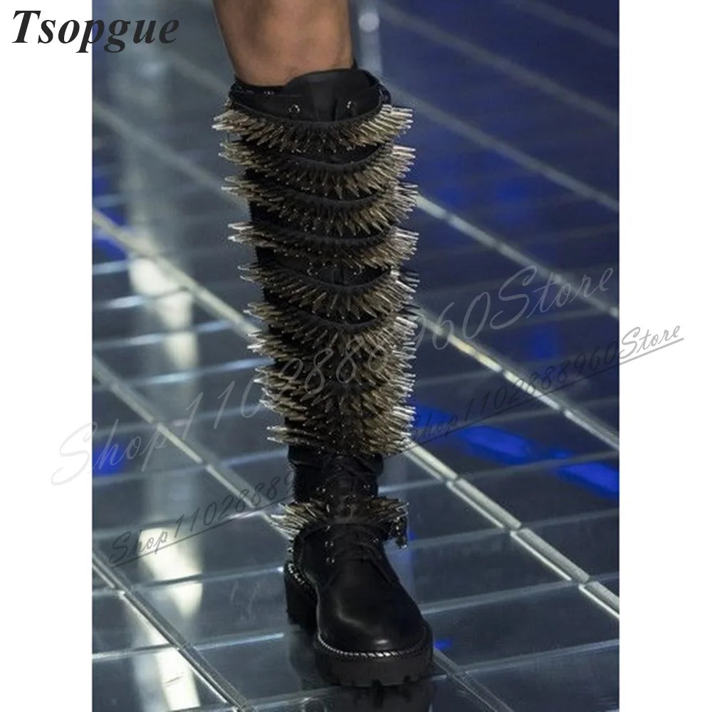 Catwalk Knee High Black Cross Tied Rivet Boots Flat With Shoes For Women Side Zipper Round Toe 2024 Fashion Zapatos Para Mujere