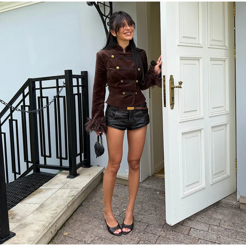 Feather Patchwork Double Breasted Stand Collar Coat for Women
